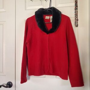 Vintage Rwd Wool Sweater Red Black Faux Fur Collar Button-up Old Money Medium
